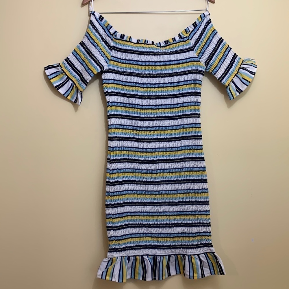 A. Calin By Flying Tomato | NWT Smocked Striped Sheath Ruffle Stretch Dress L